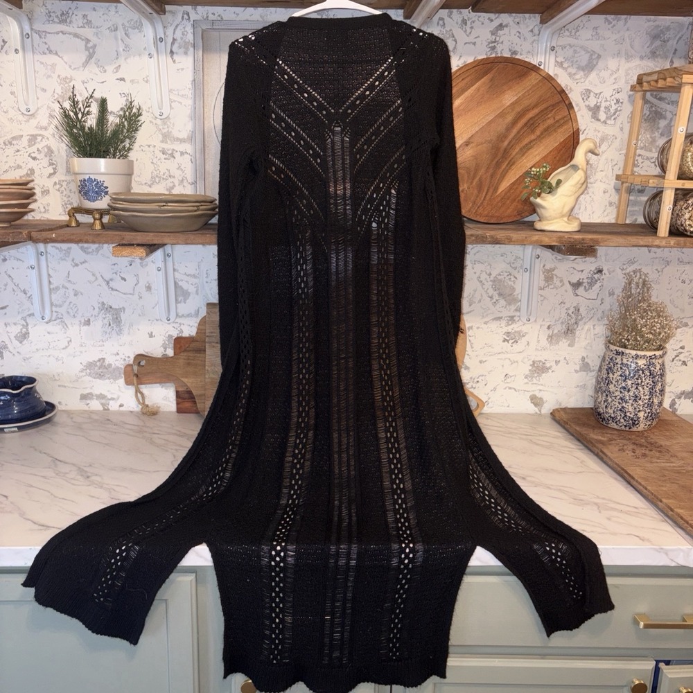 Full Tilt Extra Long Duster Sweater Romantic Crochet Black Festival Women's S